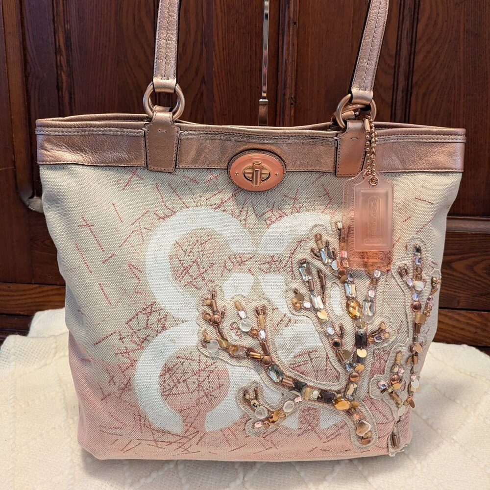 AUTHENTIC COACH 17031 beaded AUDREY CORAL CANVAS TOTE PURSE BAG CREAM PINK